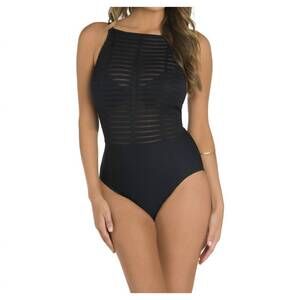 NEW AMORESSA funny girl back track high neck one piece swimsuit in amo black